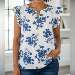 SHEIN Curve 2XL Blue Floral Keyhole Blouse Ruffle Tiered Flutter Sleeve Top NWOT